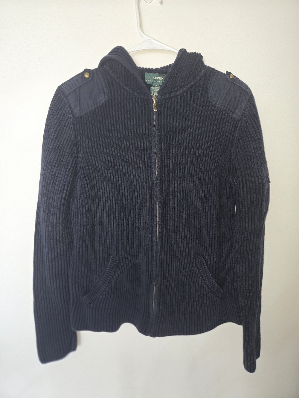 Lauren Ralph Lauren Navy Blue Ribbed Knit Full-Zip Hooded Military Sweater